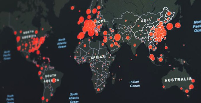 Karta över utbredningen av covid i olika länder.