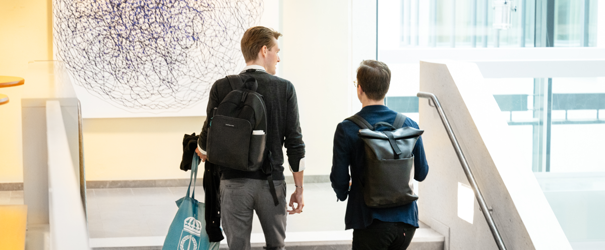 Två unga män som går uppför en trappa.