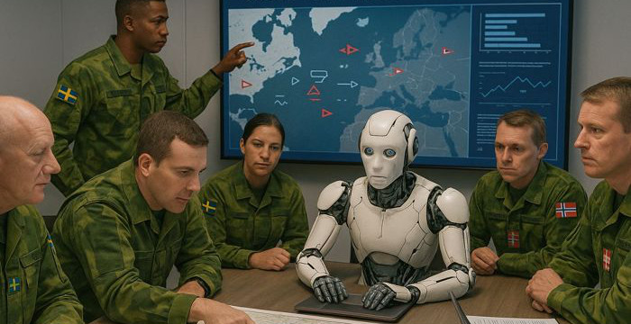 AI-genererad futuristisk bild av militär stabstjänstövning där deltagarna utforskar samverkan mellan människa och maskin inom gemensam operativ planering. Deltagarna bär svenska och norska fältuniformer..