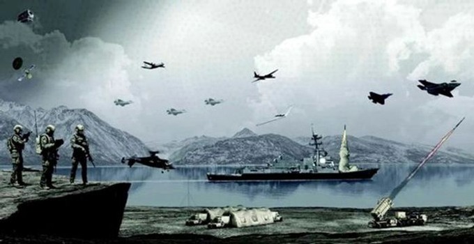 Teckning av stridsflygplan och krigsskepp.