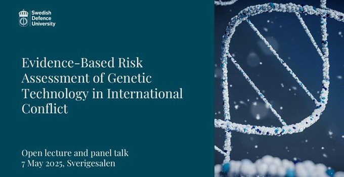 Bild av dna-sekvens mot blå bakgrund samt föreläsningens titel. 